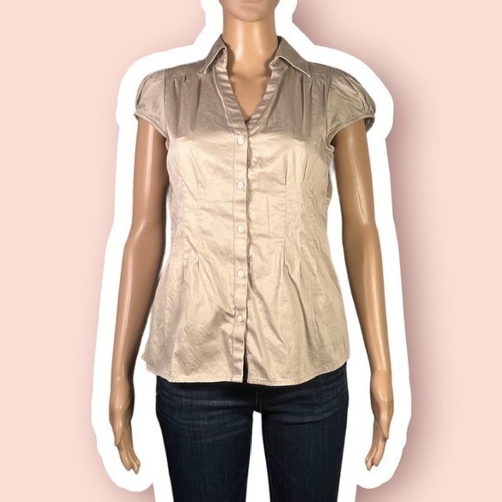 Banana Republic Tan Puff Sleeve Vneck Button Front Top Size 4 - "Sasha"